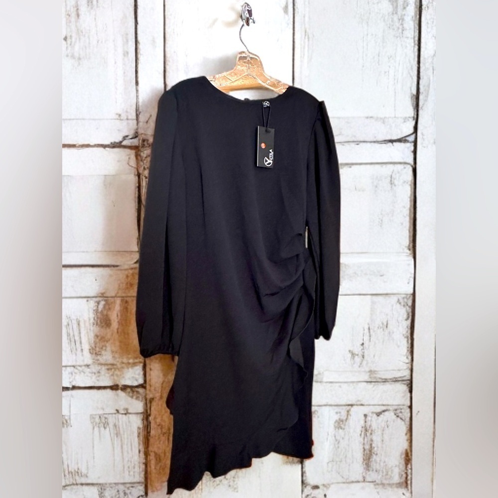 NWT WOMEN’S LANTERN LONG SLEEVE TULIP HEM RUCHED LEFT SIDE DRESS SIZE XL BLACK